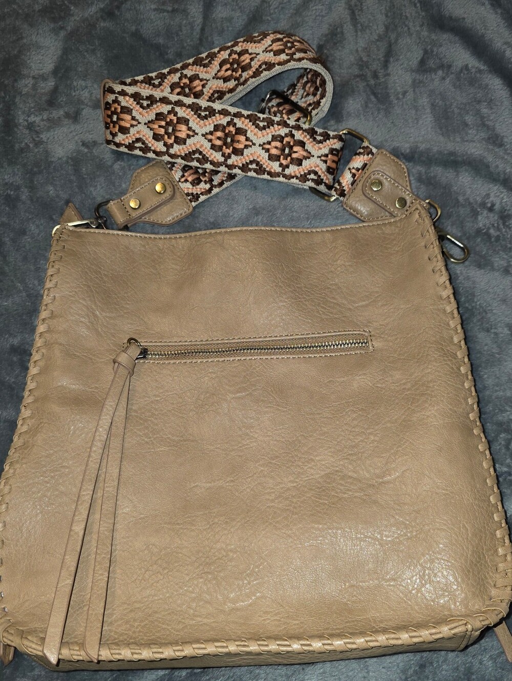 Antik Kraft Taupe Crossbody Bag with GORGEOUS Colored Woven Floral Strap